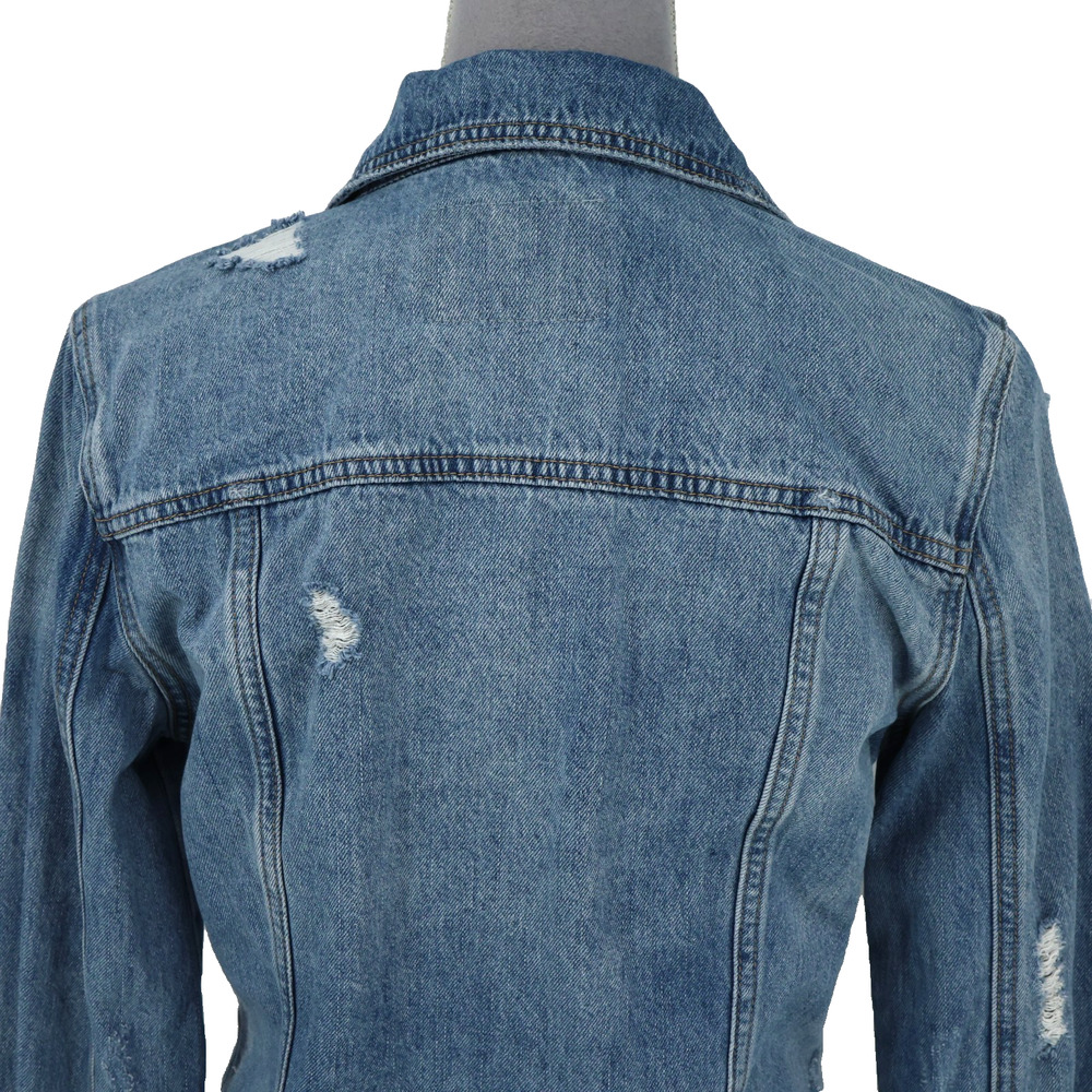 Blank NYC Jean Jacket Womens XS Blue Cotton Denim Raw Hem Distressed FLAW - Picture 10 of 16